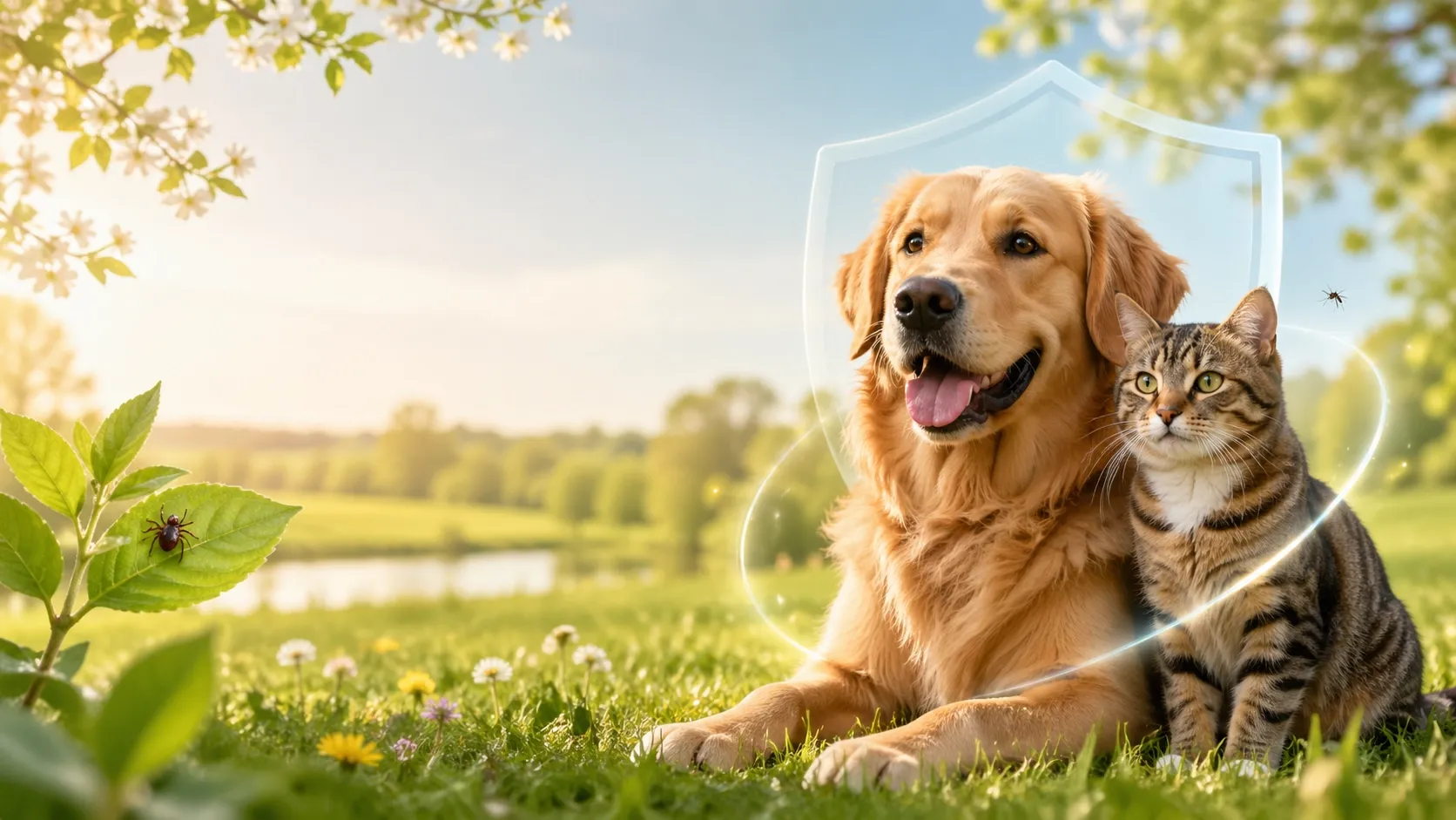 Golden retriever and tabby cat lying in spring grass inside a translucent protective shield